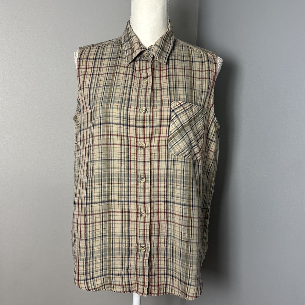 Vintage ERIKA & CO. Women's Plaid Sleeveless Button Up Top Shirt Blouse Large